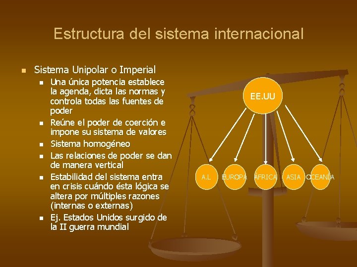 Estructura del sistema internacional n Sistema Unipolar o Imperial n n n Una única