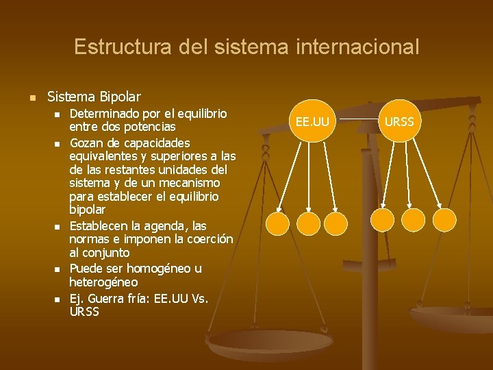 Estructura del sistema internacional n Sistema Bipolar n n n Determinado por el equilibrio