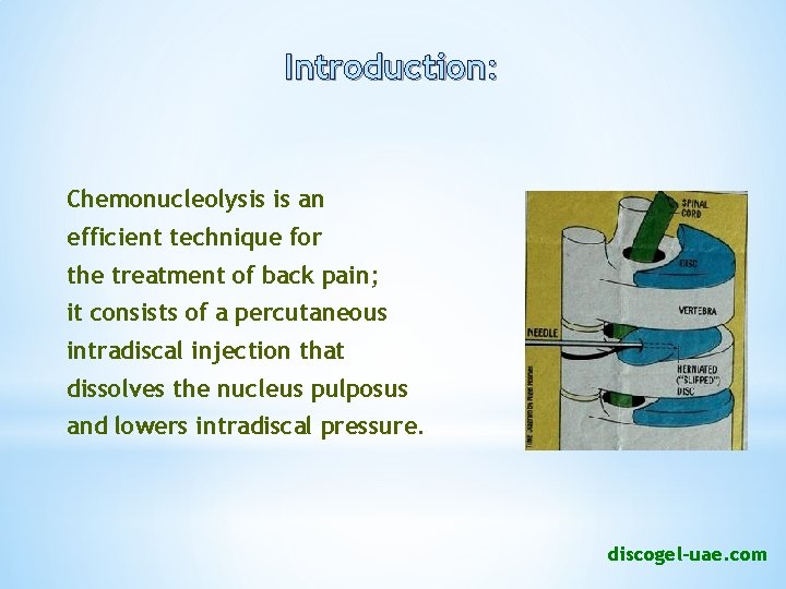 Introduction: Chemonucleolysis is an efficient technique for the treatment of back pain; it consists