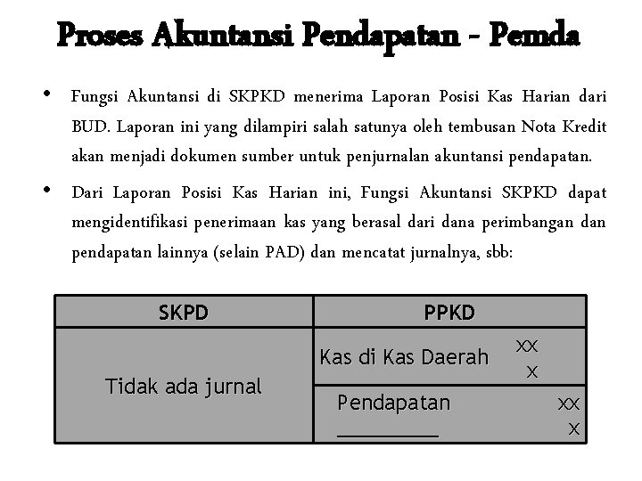 Proses Akuntansi Pendapatan - Pemda • Fungsi Akuntansi di SKPKD menerima Laporan Posisi Kas