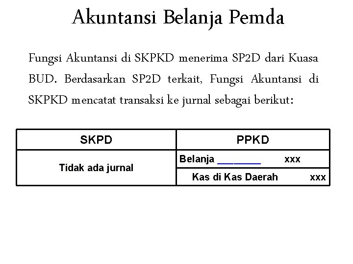 Akuntansi Belanja Pemda Fungsi Akuntansi di SKPKD menerima SP 2 D dari Kuasa BUD.
