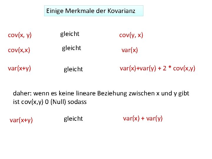 Einige Merkmale der Kovarianz cov(x, y) gleicht cov(y, x) cov(x, x) gleicht var(x) var(x+y)