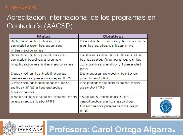 3. DESAFIOS. Acreditación Internacional de los programas en Contaduría (AACSB): Profesora: Carol Ortega Algarra.