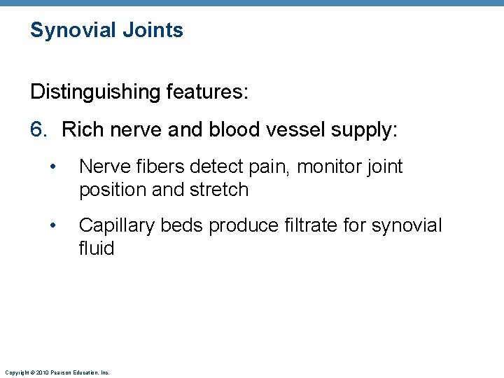 Synovial Joints Distinguishing features: 6. Rich nerve and blood vessel supply: • Nerve fibers