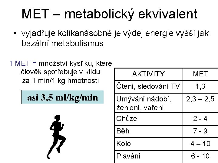 MET – metabolický ekvivalent • vyjadřuje kolikanásobně je výdej energie vyšší jak bazální metabolismus