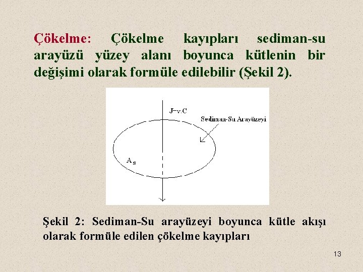 Çökelme: Çökelme kayıpları sediman-su arayüzü yüzey alanı boyunca kütlenin bir değişimi olarak formüle edilebilir