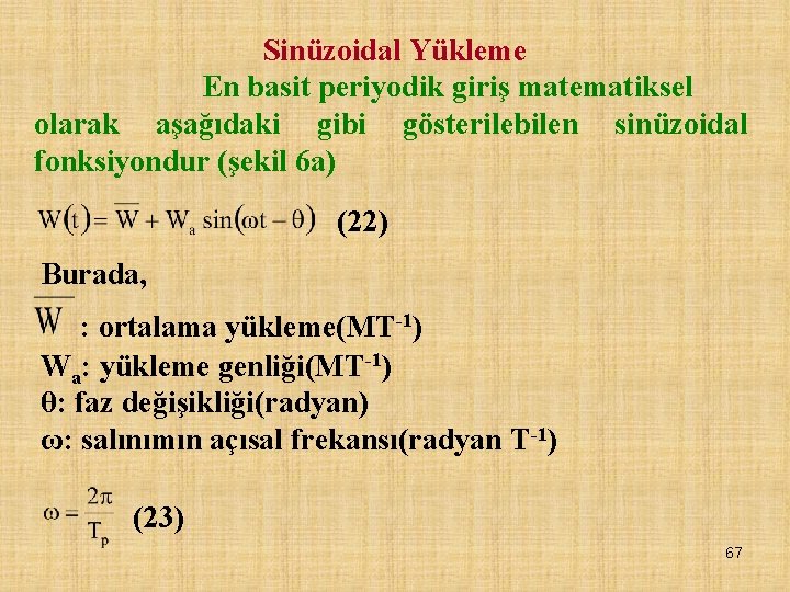 Sinüzoidal Yükleme En basit periyodik giriş matematiksel olarak aşağıdaki gibi gösterilebilen sinüzoidal fonksiyondur (şekil