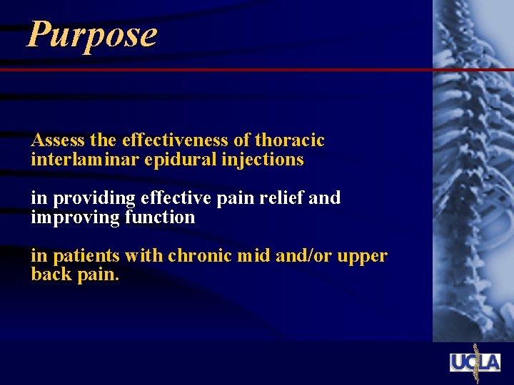 Purpose Assess the effectiveness of thoracic interlaminar epidural injections in providing effective pain relief