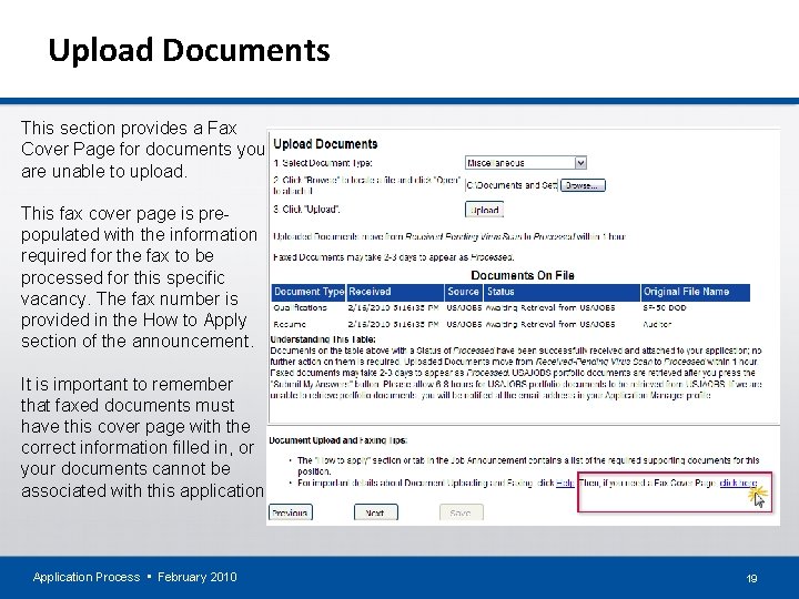 Upload Documents This section provides a Fax Cover Page for documents you are unable