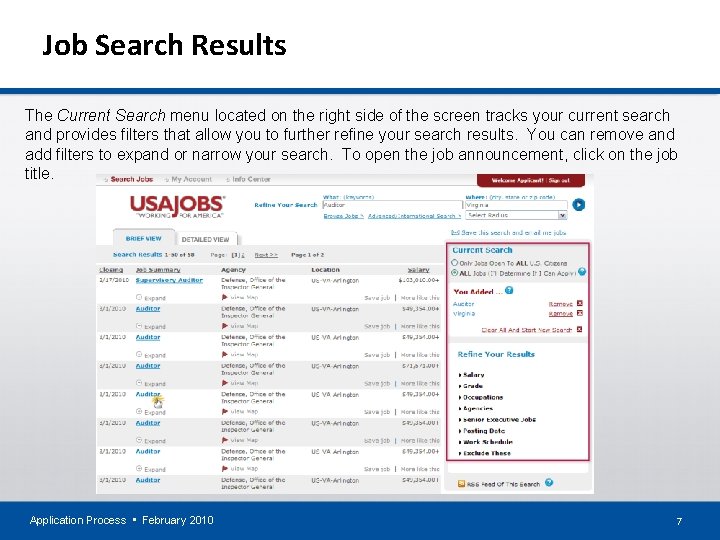 Job Search Results The Current Search menu located on the right side of the