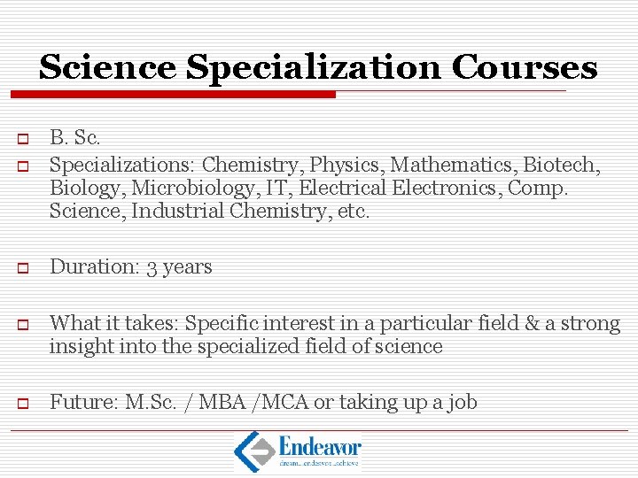 Science Specialization Courses o B. Sc. Specializations: Chemistry, Physics, Mathematics, Biotech, Biology, Microbiology, IT,