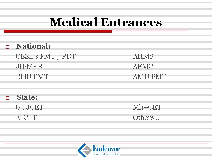 Medical Entrances o o National: CBSE’s PMT / PDT JIPMER BHU PMT AIIMS AFMC