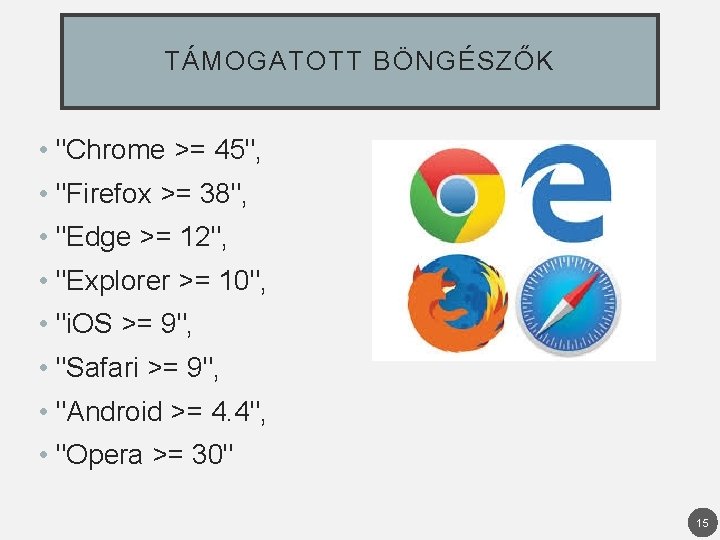 TÁMOGATOTT BÖNGÉSZŐK • "Chrome >= 45", • "Firefox >= 38", • "Edge >= 12",