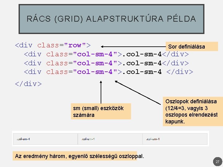 RÁCS (GRID) ALAPSTRUKTÚRA PÉLDA <div class="row"> Sor definiálása <div class="col-sm-4">. col-sm-4</div> <div class="col-sm-4">. col-sm-4