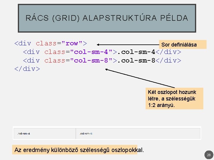 RÁCS (GRID) ALAPSTRUKTÚRA PÉLDA <div class="row"> Sor definiálása <div class="col-sm-4">. col-sm-4</div> <div class="col-sm-8">. col-sm-8</div>