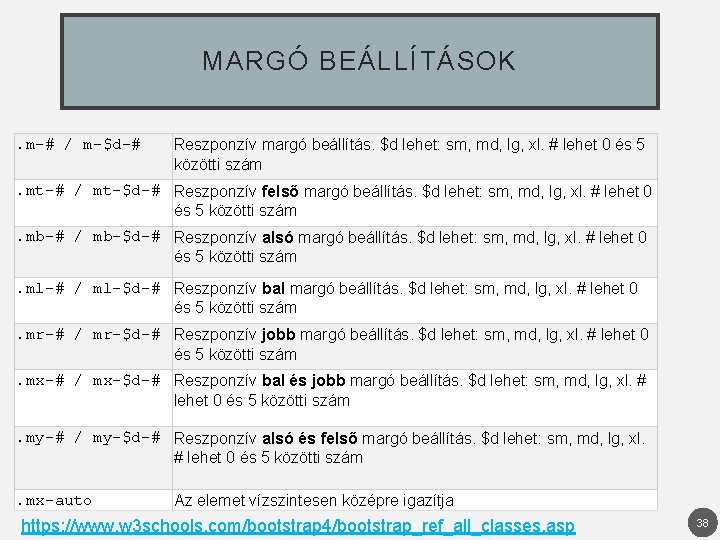 MARGÓ BEÁLLÍTÁSOK. m-# / m-$d-# Reszponzív margó beállítás. $d lehet: sm, md, lg, xl.