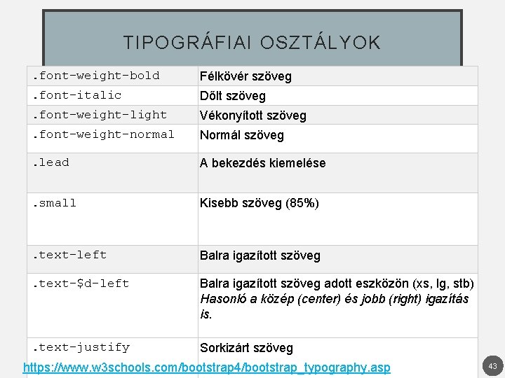 TIPOGRÁFIAI OSZTÁLYOK. font-weight-bold Félkövér szöveg . font-italic Dőlt szöveg . font-weight-light Vékonyított szöveg .