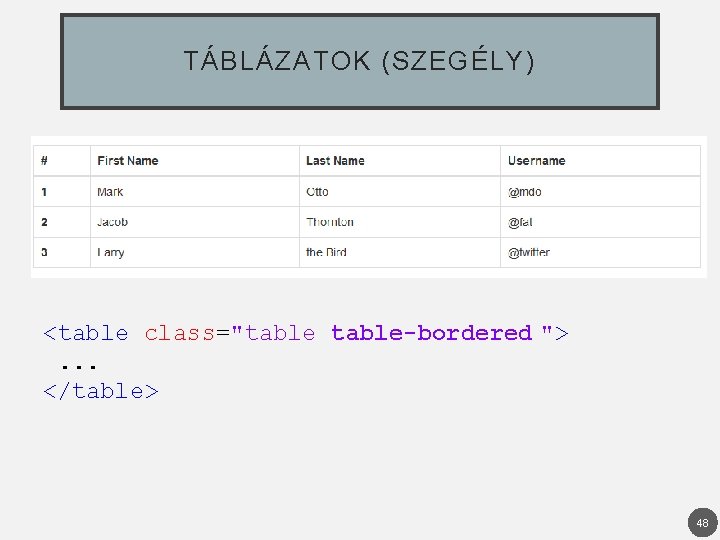 TÁBLÁZATOK (SZEGÉLY) <table class="table-bordered "> . . . </table> 48 