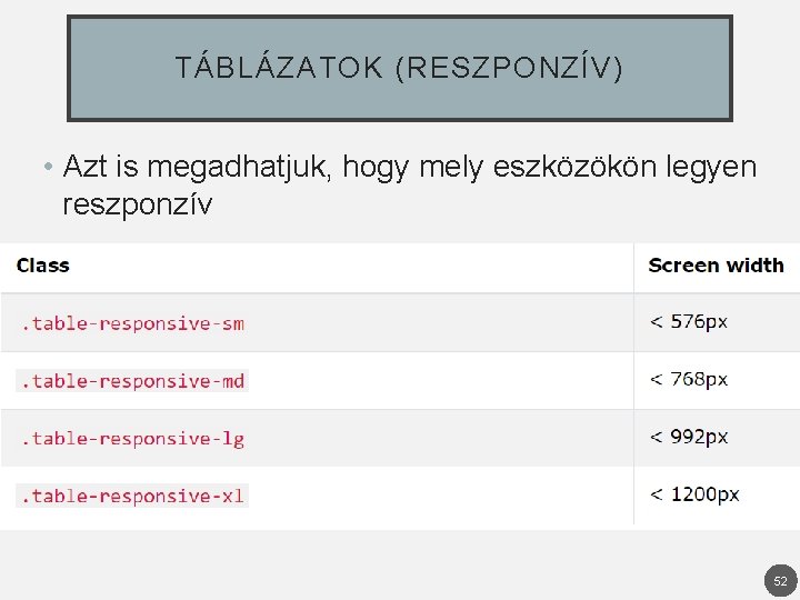 TÁBLÁZATOK (RESZPONZÍV) • Azt is megadhatjuk, hogy mely eszközökön legyen reszponzív 52 