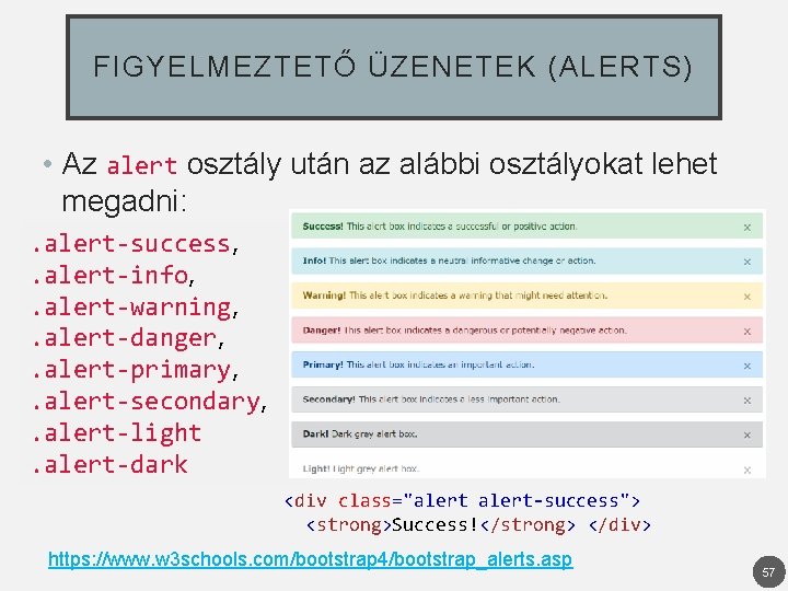 FIGYELMEZTETŐ ÜZENETEK (ALERTS) • Az alert osztály után az alábbi osztályokat lehet megadni: .