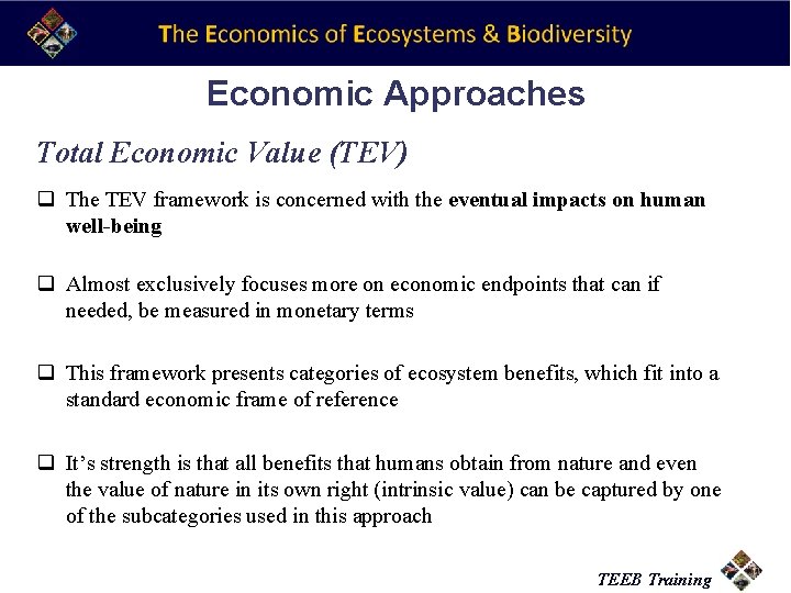 Economic Approaches Total Economic Value (TEV) q The TEV framework is concerned with the