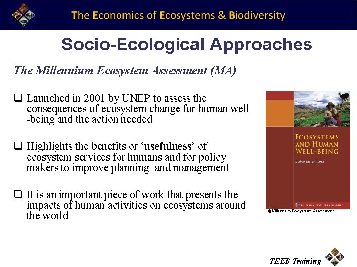Socio-Ecological Approaches The Millennium Ecosystem Assessment (MA) q Launched in 2001 by UNEP to