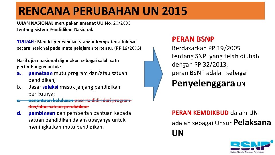 RENCANA PERUBAHAN UN 2015 UJIAN NASIONAL merupakan amanat UU No. 20/2003 tentang Sistem Pendidikan