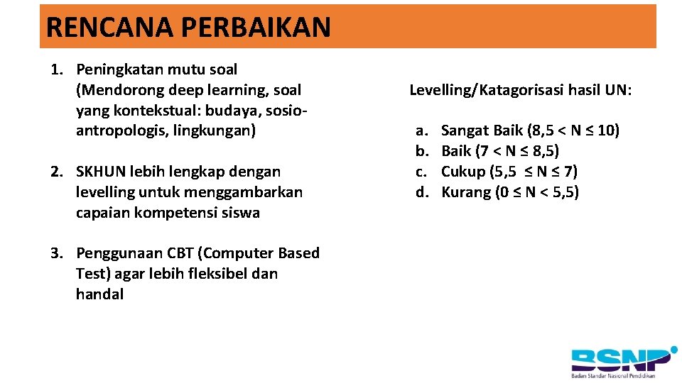 RENCANA PERBAIKAN 1. Peningkatan mutu soal (Mendorong deep learning, soal yang kontekstual: budaya, sosioantropologis,