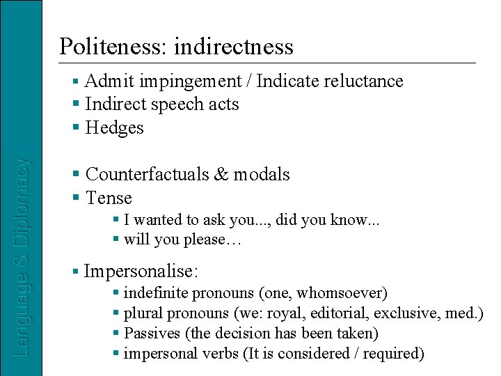 Politeness: indirectness Admit impingement / Indicate reluctance Indirect speech acts Hedges Counterfactuals & modals