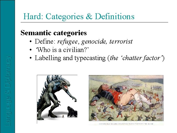 Hard: Categories & Definitions Semantic categories • Define: refugee, genocide, terrorist • ‘Who is