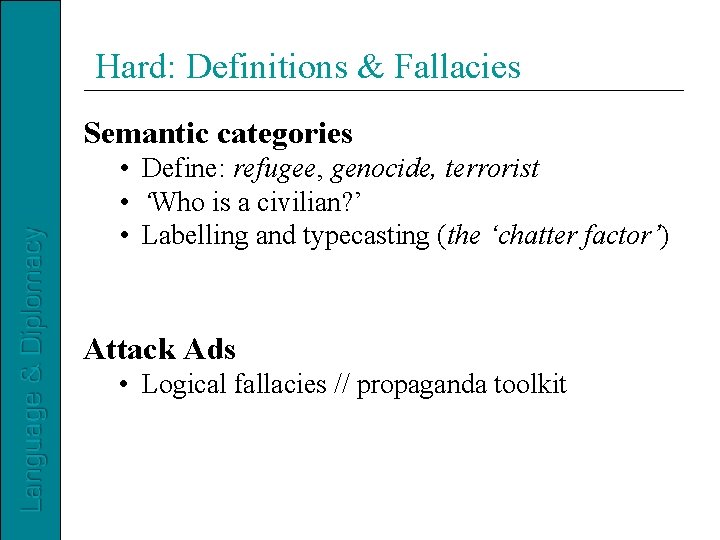 Hard: Definitions & Fallacies Semantic categories • Define: refugee, genocide, terrorist • ‘Who is