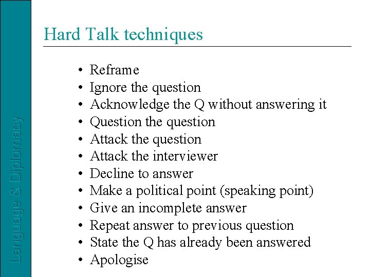 Hard Talk techniques • • • Reframe Ignore the question Acknowledge the Q without