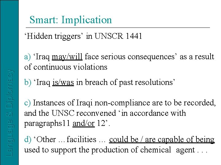 Smart: Implication ‘Hidden triggers’ in UNSCR 1441 a) ‘Iraq may/will face serious consequences’ as
