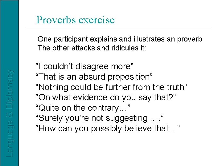Proverbs exercise One participant explains and illustrates an proverb The other attacks and ridicules