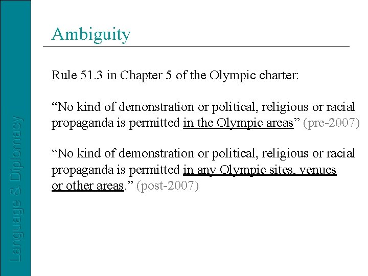 Ambiguity Rule 51. 3 in Chapter 5 of the Olympic charter: “No kind of