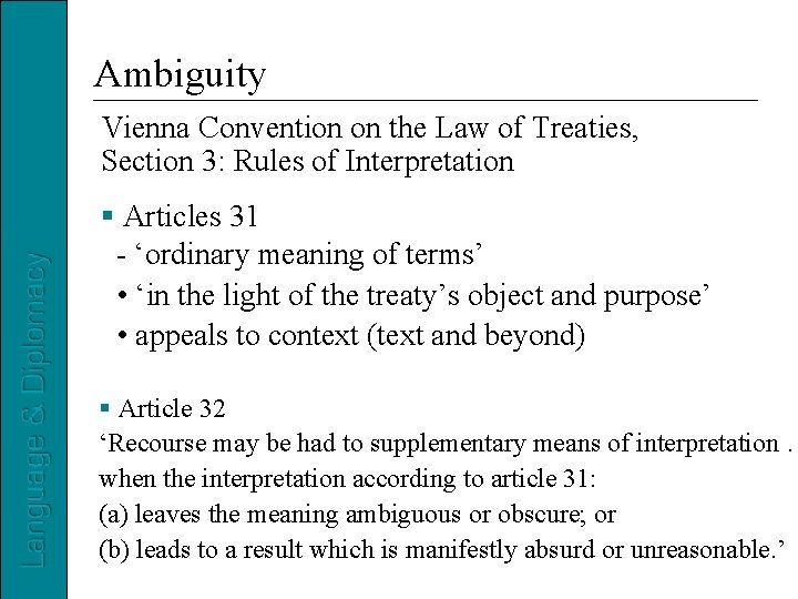 Ambiguity Vienna Convention on the Law of Treaties, Section 3: Rules of Interpretation Articles