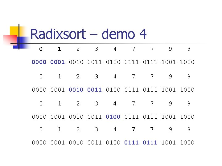 Radixsort – demo 4 0 1 2 3 4 7 7 9 8 0000