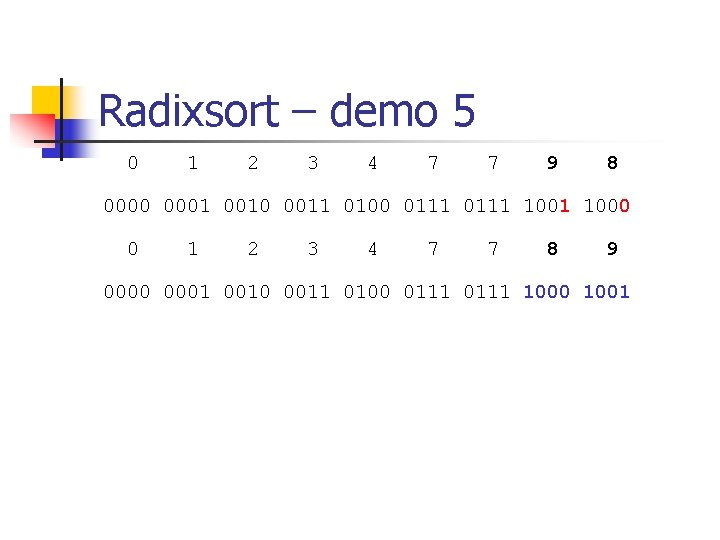 Radixsort – demo 5 0 1 2 3 4 7 7 9 8 0000