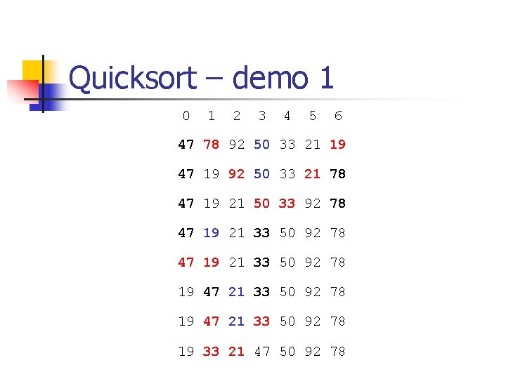 Quicksort – demo 1 0 1 2 3 4 5 6 47 78 92