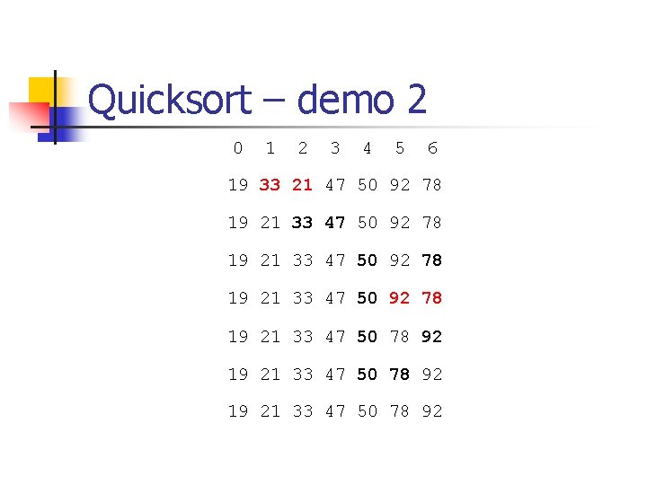 Quicksort – demo 2 0 1 2 3 4 5 6 19 33 21