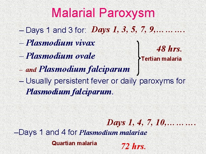 Malarial Paroxysm – Days 1 and 3 for: Days 1, 3, 5, 7, 9,