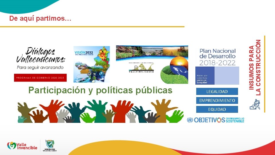 Participación y políticas públicas LEGALIDAD EMPRENDIMIENTO EQUIDAD INSUMOS PARA LA CONSTRUCCIÓN De aquí partimos…