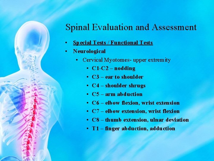 Spinal Evaluation and Assessment • Special Tests / Functional Tests • Neurological • Cervical