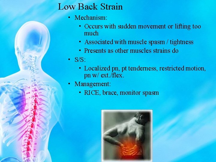 Low Back Strain • Mechanism: • Occurs with sudden movement or lifting too much