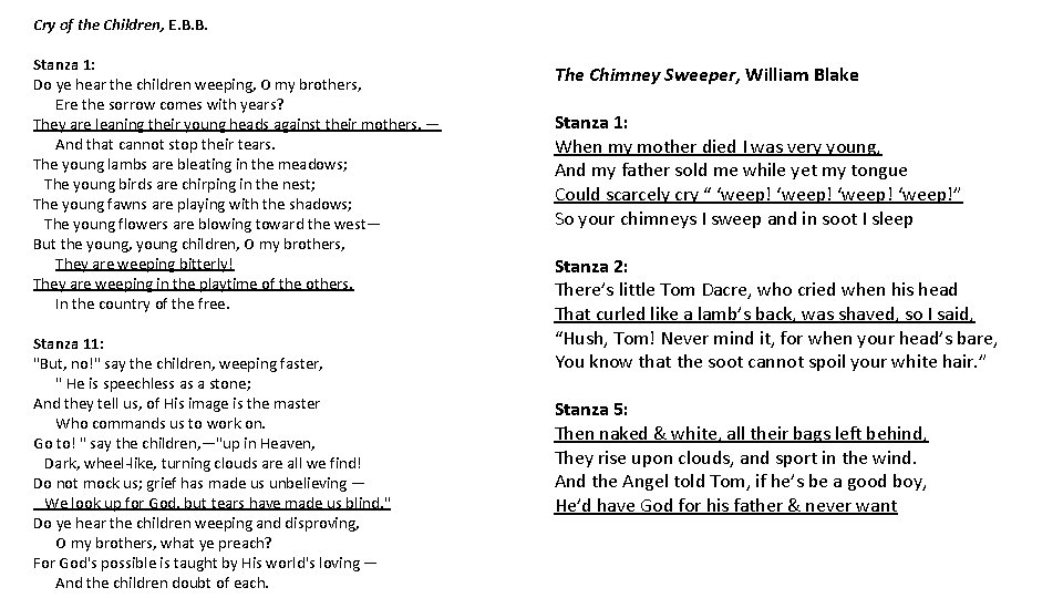 Cry of the Children, E. B. B. Stanza 1: Do ye hear the children