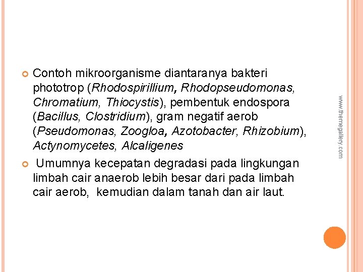 Contoh mikroorganisme diantaranya bakteri phototrop (Rhodospirillium, Rhodopseudomonas, Chromatium, Thiocystis), pembentuk endospora (Bacillus, Clostridium), gram