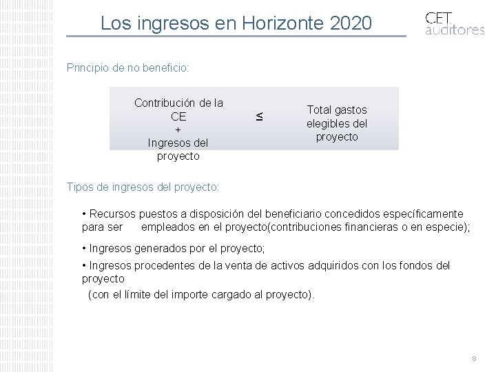 Los ingresos en Horizonte 2020 Principio de no beneficio: Contribución de la CE +