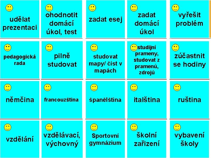 make a udělat prezentaci presentation mark ohodnotit homework/ domácí test úkol, test set zadat