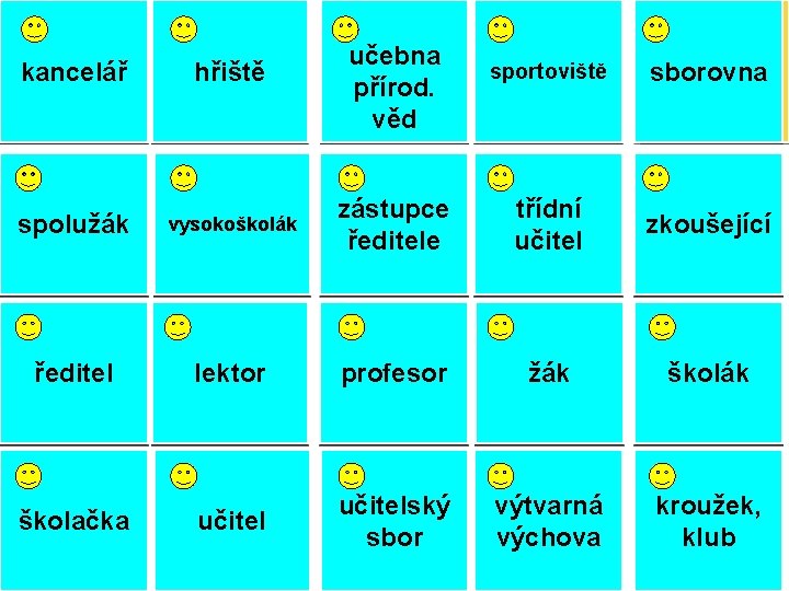sports sportoviště field sborovna staffroom college/ classmate, vysokoškolák spolužák university schoolmate student deputy zástupce
