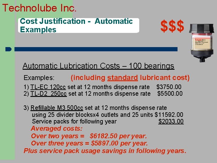Technolube Inc. Cost Justification - Automatic Examples $$$ Automatic Lubrication Costs – 100 bearings